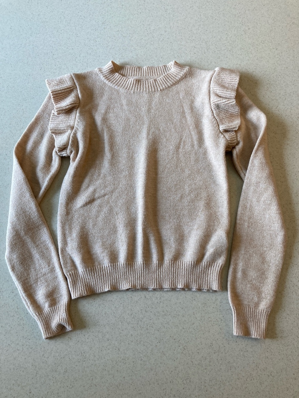 Ruffle-Shoulder Crewneck Sweater in Soft Cream Girls Small